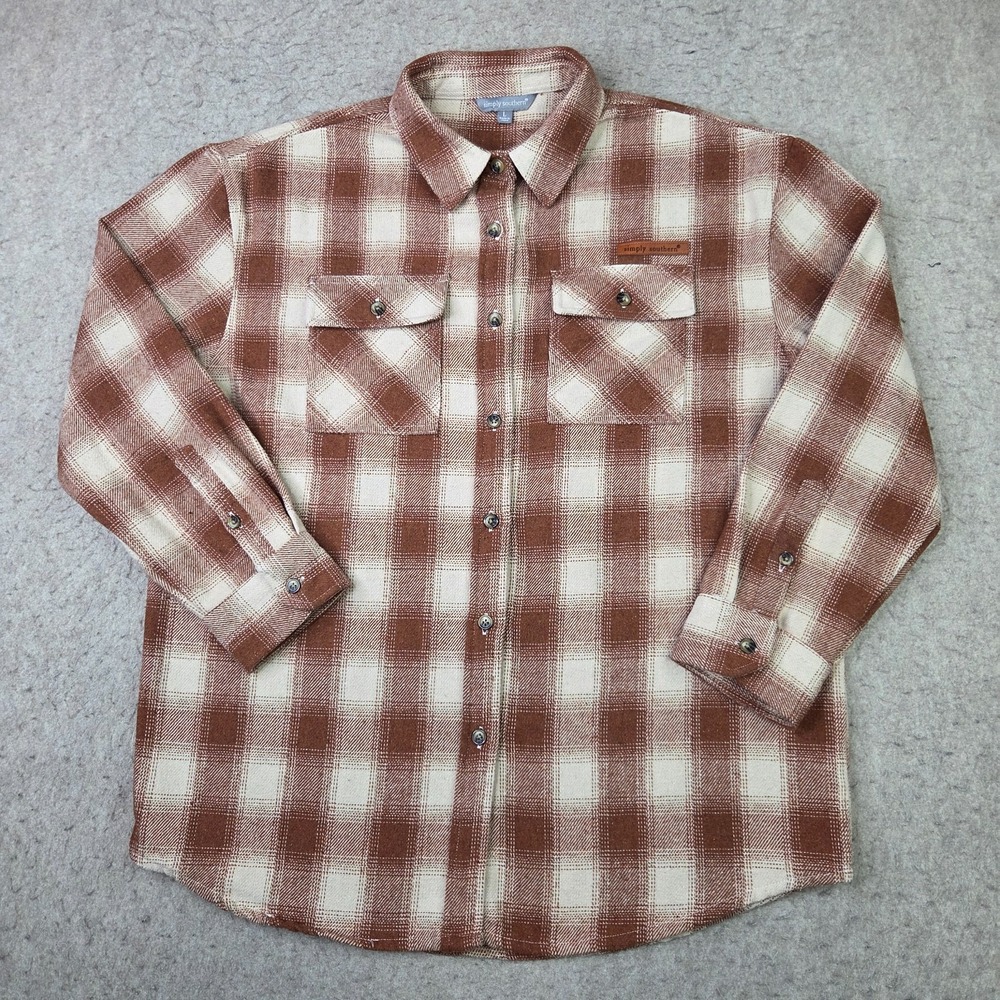 Simply Southern Flannel Shirt Women L Brown Plaid Long Sleeve Button Heavyweight